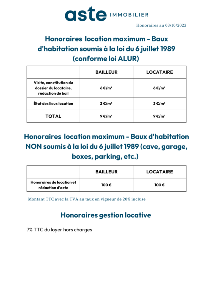 Honoraires location et gestion locative Aste Immobilier